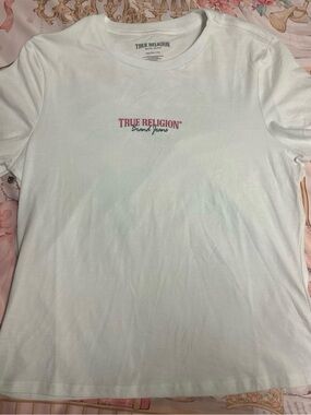 True Religion White Tee with Red Logo and Black Wing Graphic